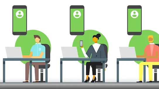 An illustration showing three workers at desk with laptops, each with a large smartphone icon floating above them containing a profile symbol.