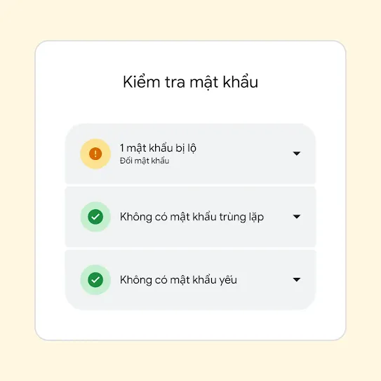 Giao diện tính năng Kiểm tra mật khẩu đang hiện kết quả, trong đó có dòng chữ "1 mật khẩu bị lộ" và một đề xuất thay đổi mật khẩu đó.