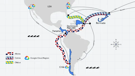 An infographic map titled "Expanding connectivity in the Americas" illustrates subsea cable routes and Google Cloud Regions across North and South America