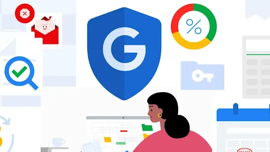 A colorful flat illustration featuring a woman working at a computer with tax documents. Above her, a large blue Google shield icon represents protection, surrounded by icons including a calendar marked "Tax Day," a percentage chart, a secure key folder, and a magnifying glass verifying a document while blocking a malicious red envelope.