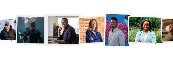 A horizontal collage of seven polaroid-style portraits of diverse professionals, including a contractor by his work truck, two scuba divers underwater, an office professional, a woman in front of a brick wall, a man in front of a colorful mural, a woman in a light blue blazer outdoors, and a man in a wheelchair indoors.