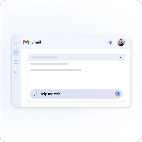A square graphic of a clean Gmail composition window showing the blue sparkle icon and a "Help me write" generative AI text prompt button.