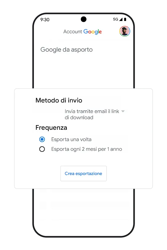 Illustrazione di uno smartphone con l'UI delle opzioni di portabilità dei dati.
