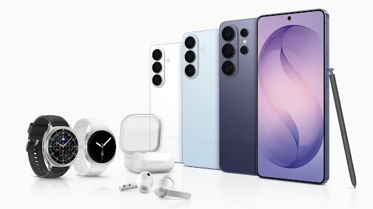 Galaxy S26 Series phones, watches, and earbuds grouped together.