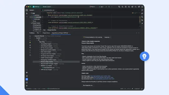 The Android Studio UI displays an overview of potential policy violations alongside proposed remedies.