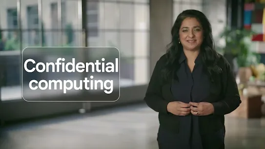 A video thumbnail featuring a smiling woman with long dark hair in a professional office setting. Large white text in a semi-transparent box on the left reads "Confidential computing."