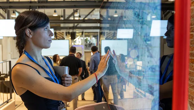A lady is looking at white board.