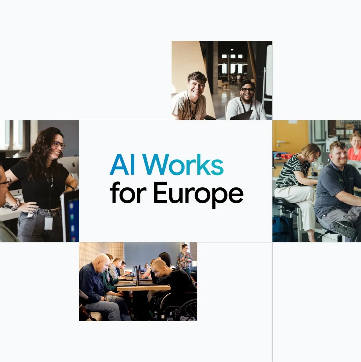 A collage of photos of people interacting with technology and learning how to use AI