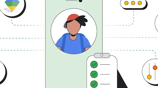 A flat-style illustration centered on a green smartphone displaying a profile of a student. Surrounding the phone are icons connected by dashed lines: the Google Family Link kite logo, a chat bubble, a settings toggle, and a checklist with green checkmarks. The graphic represents safe and effective online learning for children.