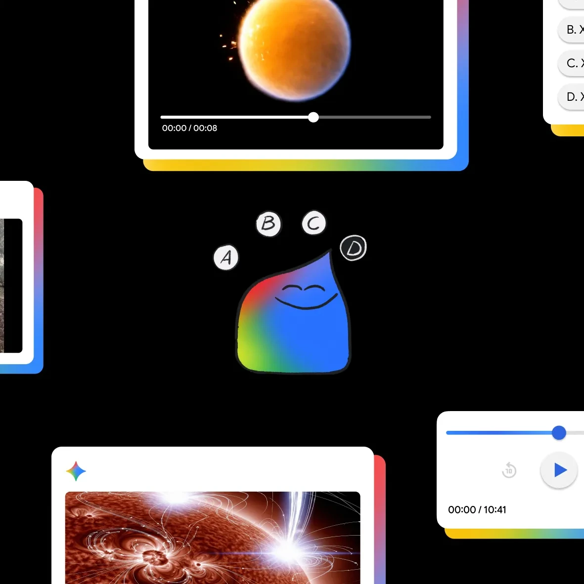 Illustration showing a blob character in the centre smiling while screens with different educational screens fill out the background.