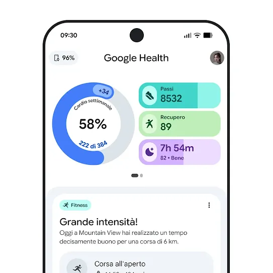 Immagine dello schermo di uno smartphone con l'app Google Health aperta che mostra un riepilogo di un allenamento.