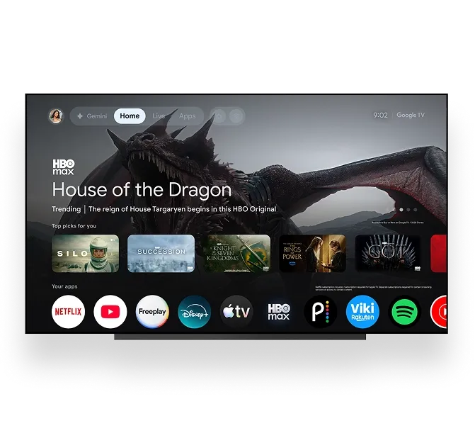 TV displaying the Google TV user interface Home screen.