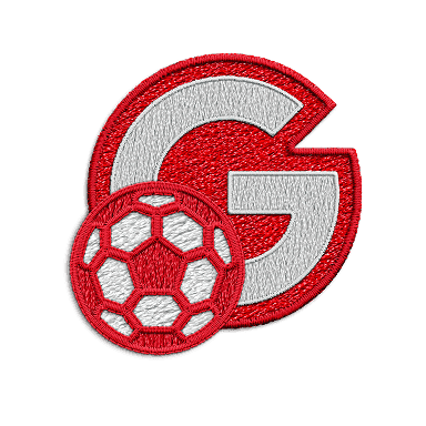 A white and red patch of the letter G next to red soccer ball