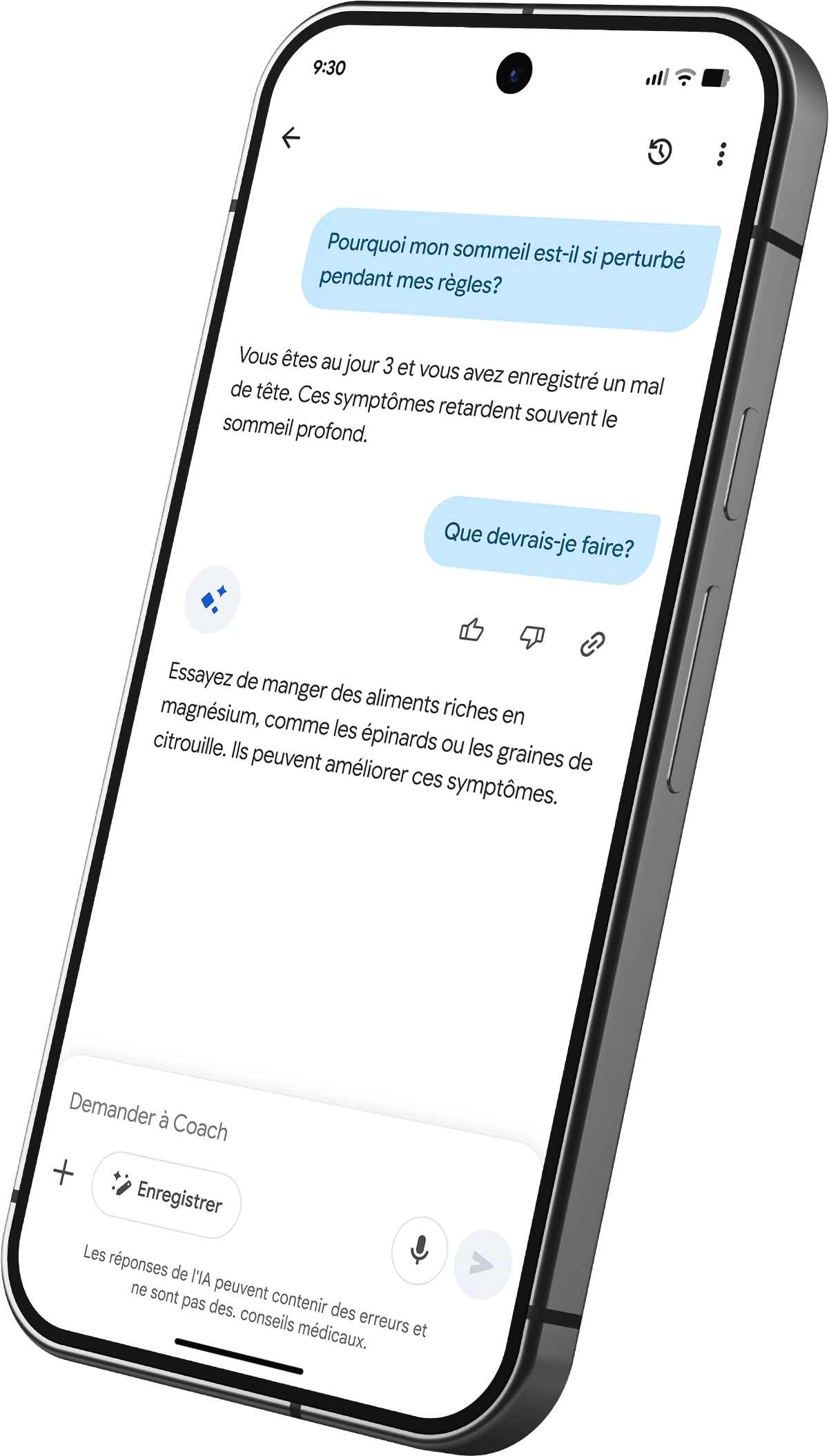 Image de la conversation avec le coach de santé sur l'impact de la caféine sur le sommeil de l'utilisateur dans l'appli Google&nbsp;Health.