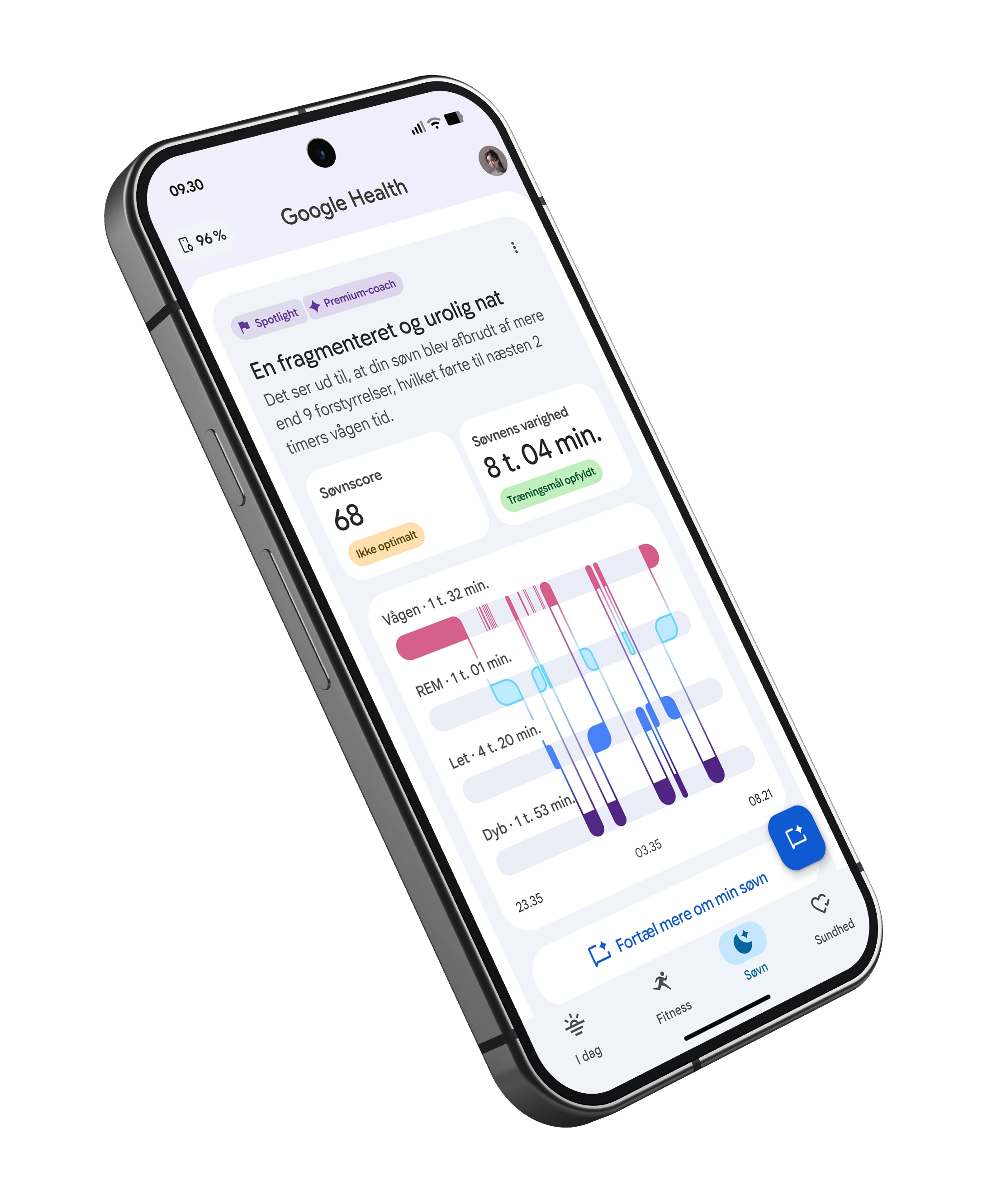 Billede af søvnresultater i Google Health-appen.