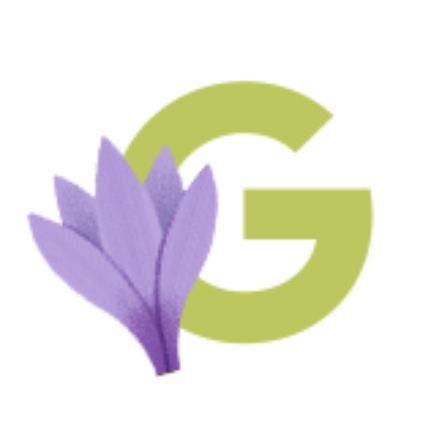 A light green illustration of the letter G next to a purple flower