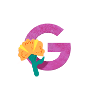 A pink G with a yellow flower