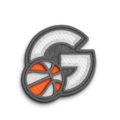 white stitched letter G with a grey outline and a orange and white basketball