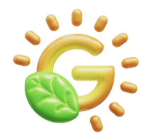 Illustration of the letter G surrounded by sun rays and a green leaf