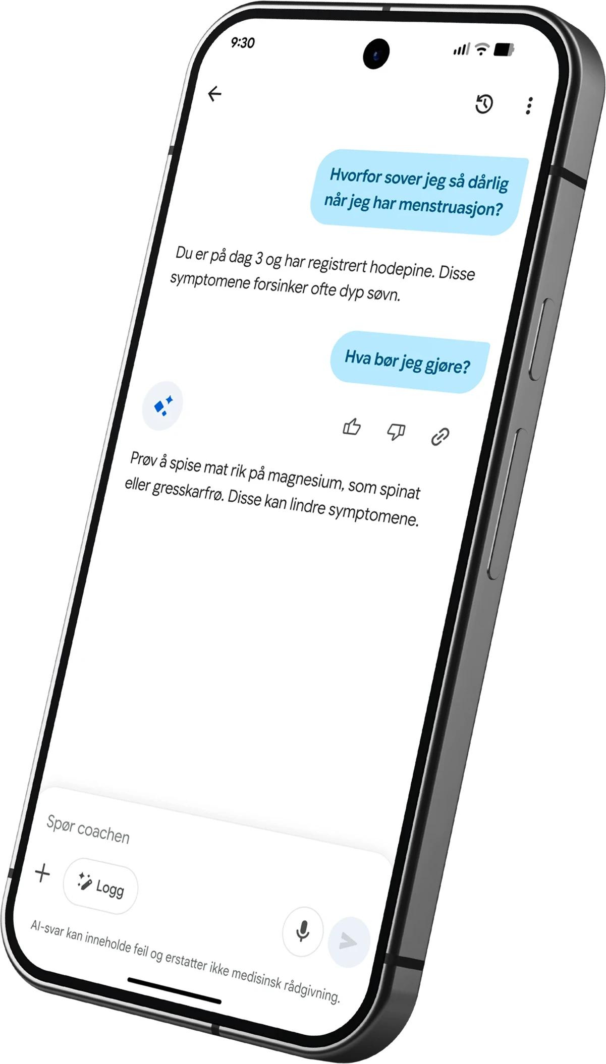 Bilde av en samtale i Google Health-appen med helsecoachen om hvordan koffein påvirker brukerens søvn.