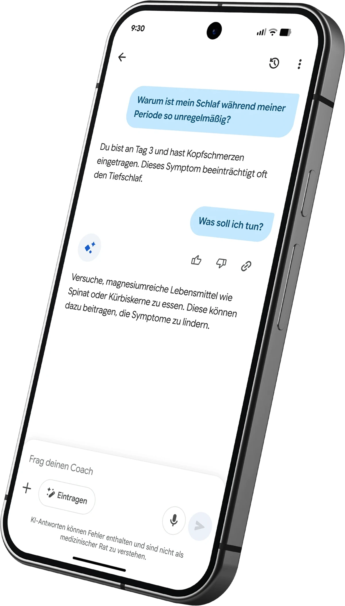 Bild einer Unterhaltung in der Google Health App mit dem Health Coach darüber, wie sich Koffein auf den Schlaf auswirkt.