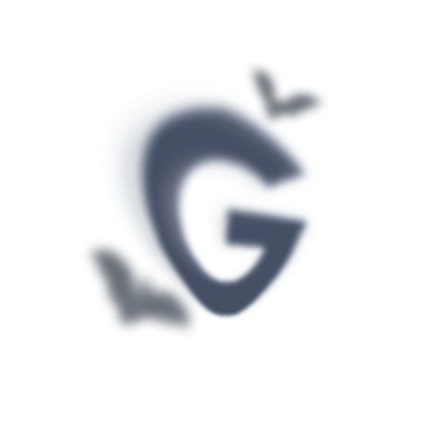 black warped shadow of the letter G surrounded by two bat shadows