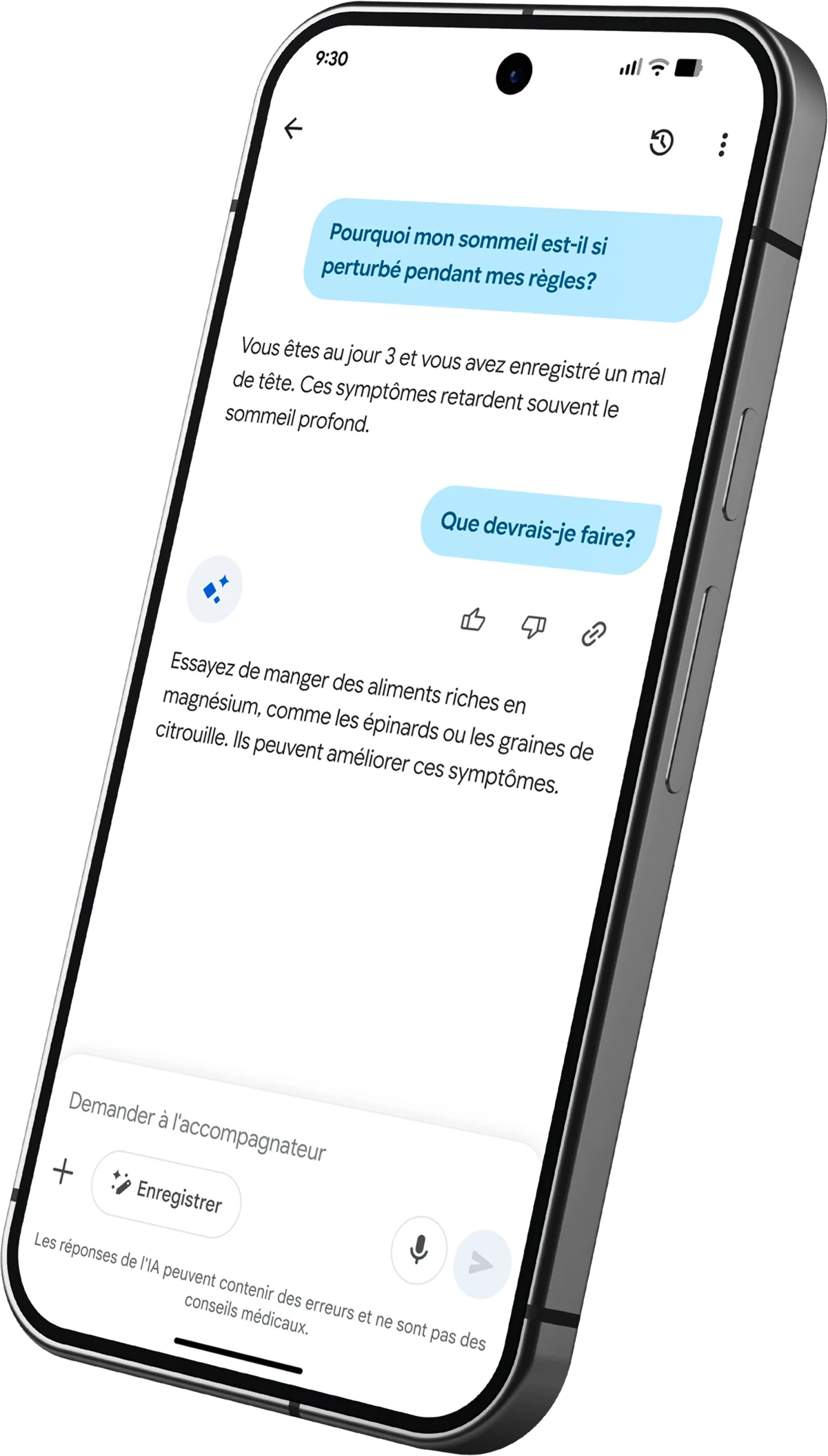 Une image d'une conversation dans l'appli Google Health avec le coach santé à propos de l'influence de la caféine sur le sommeil de l'utilisateur.