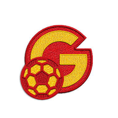 A red and yellow patch letter G next to a soccer bail