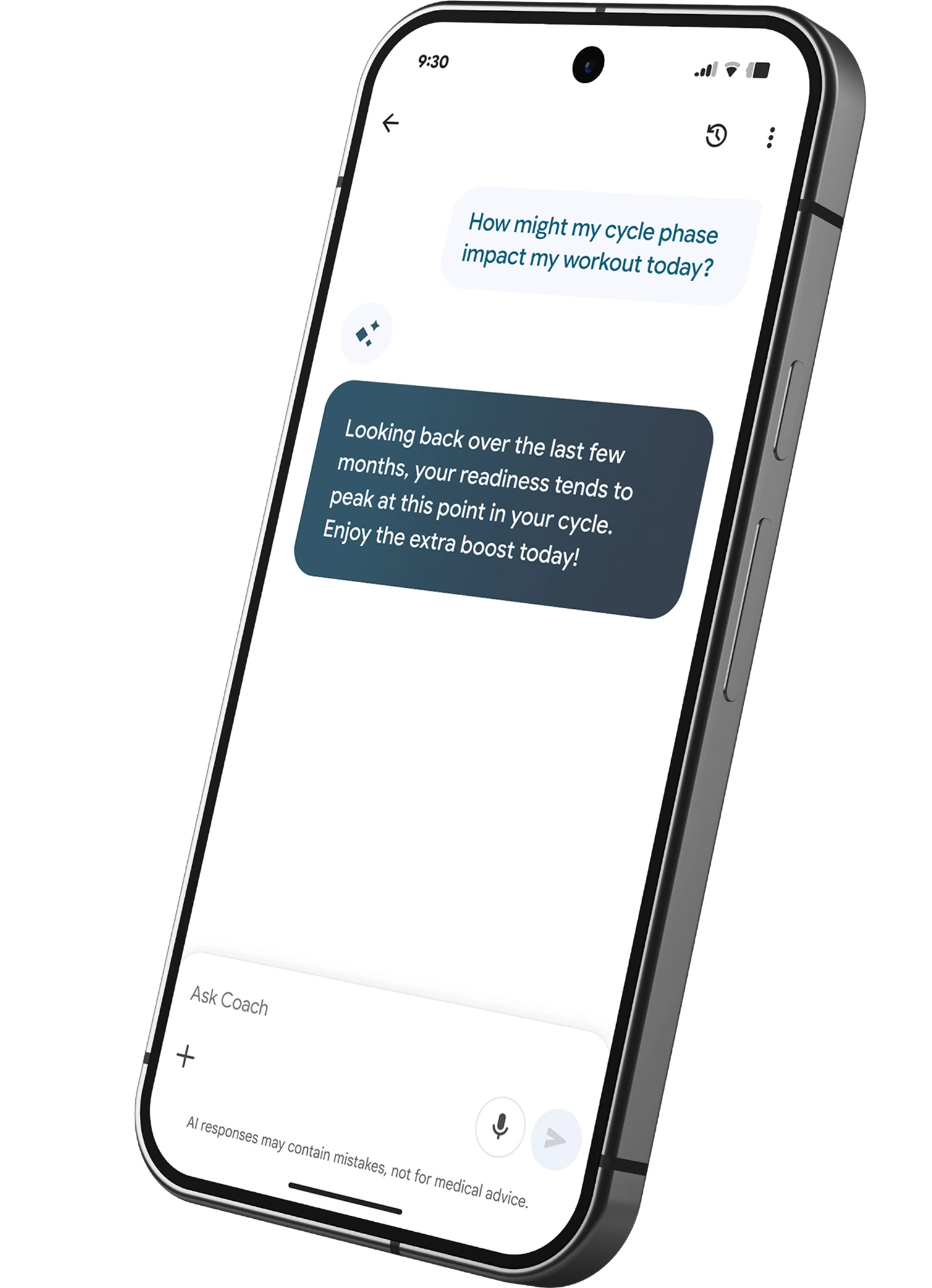 Image of Google Health App conversation with the Health Coach about how caffeine is affecting the users sleep.