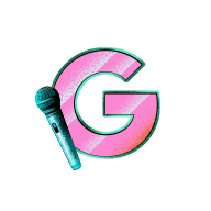 a pink letter G with a blue-green outline next to a blue-green microphone
