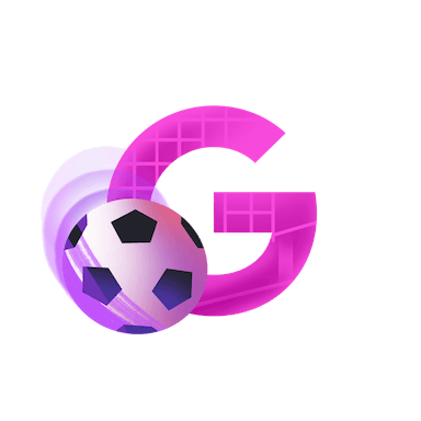 A pink letter G with goal texture next to a soccer ball