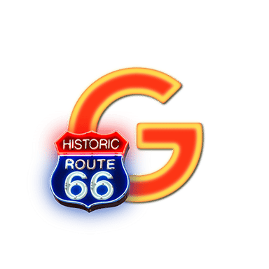 A gradient red and yellow G with a Route 66 sign