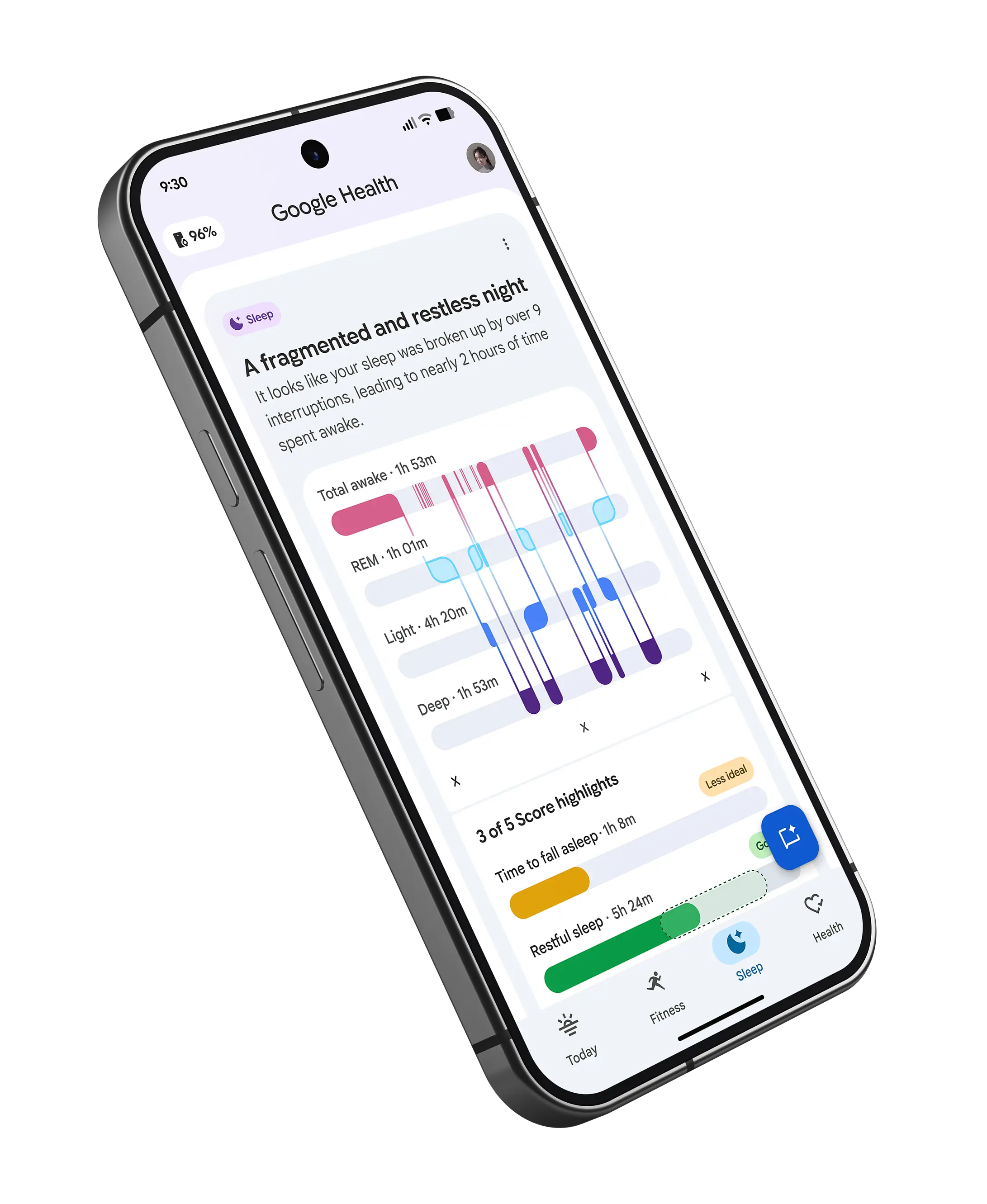 Image of sleep results in the Google Health app.