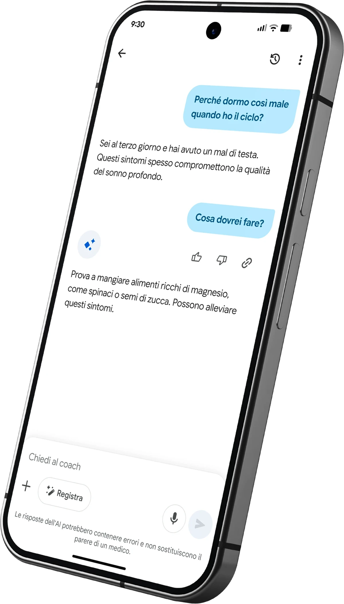 Immagine di una conversazione con il coach di benessere dell'app Google Health sugli effetti della caffeina sul sonno.