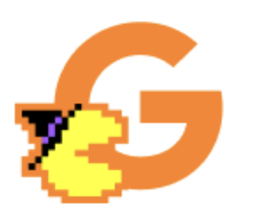 Orange illustration of the letter G next to PAC-MAN wearing a witch hat