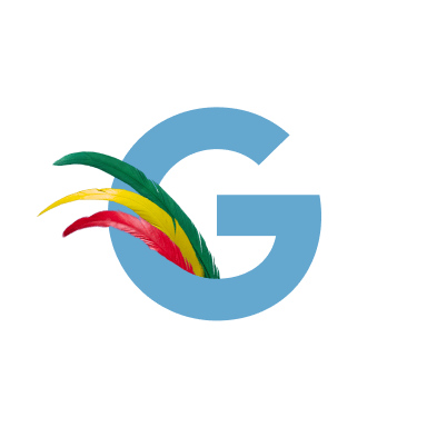 a blue letter G with three multicolor feathers rested within it