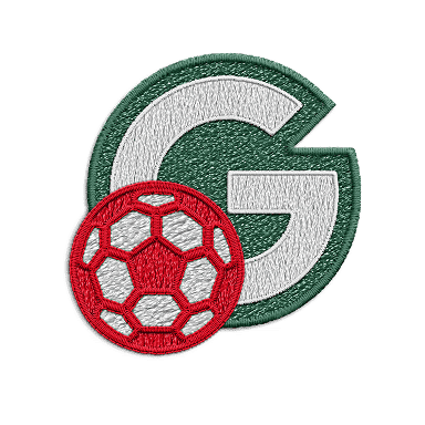 A green and white patch of the letter G next to a red soccer ball