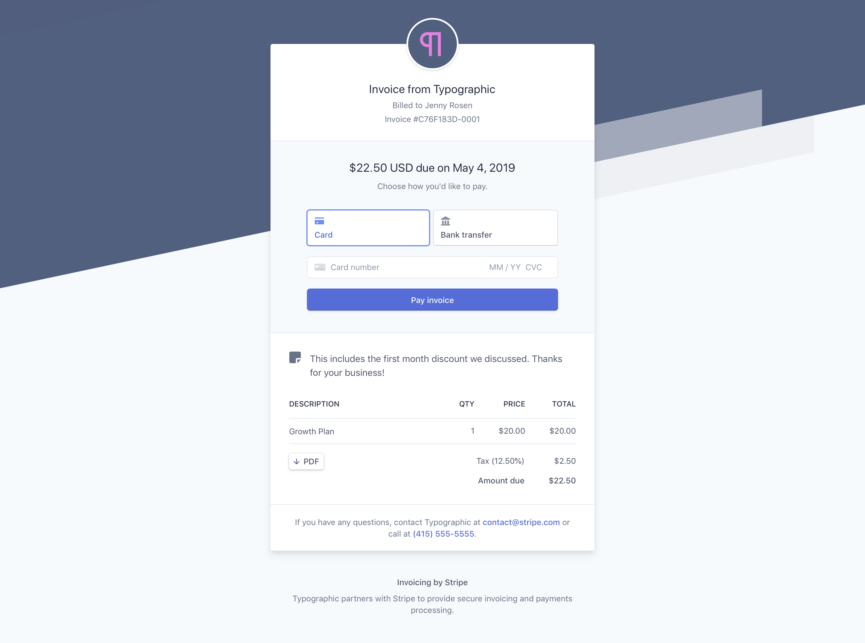 An invoice page showing an itemized receipt, with options to pay with card or bank transfer